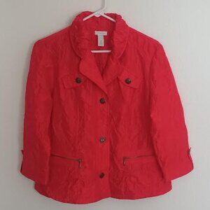 CHICO'S WOMEN'S BLAZER JACKET RED 3/4 TAB SLEEVE ZIPPER POCKETS CRINKLE SIZE 1-M